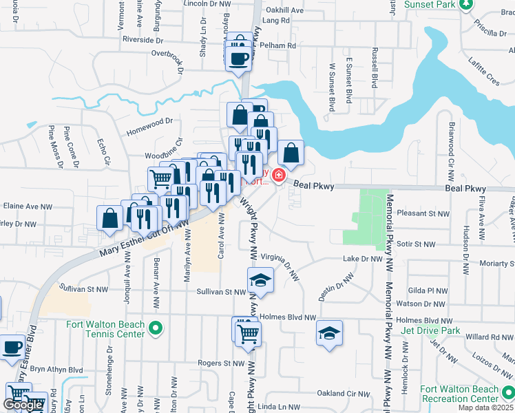 map of restaurants, bars, coffee shops, grocery stores, and more near 407 Marshall Court in Fort Walton Beach