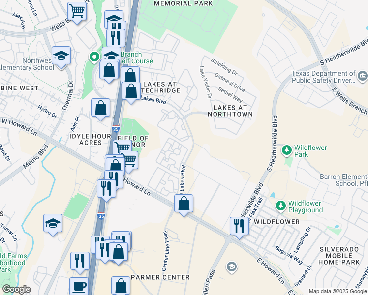 map of restaurants, bars, coffee shops, grocery stores, and more near 14000 The Lakes Boulevard in Pflugerville