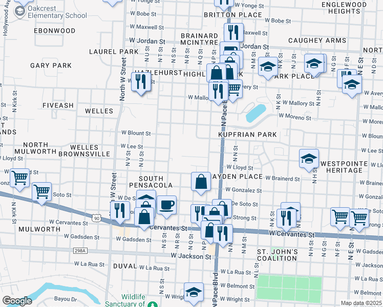 map of restaurants, bars, coffee shops, grocery stores, and more near 6 Baggett Court in Pensacola