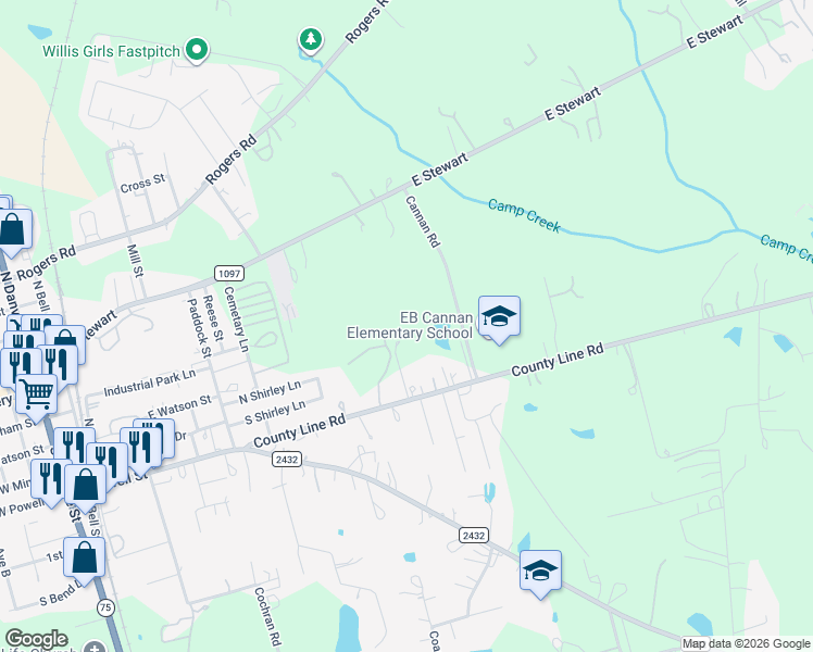 map of restaurants, bars, coffee shops, grocery stores, and more near 7363 County Line Road in Willis