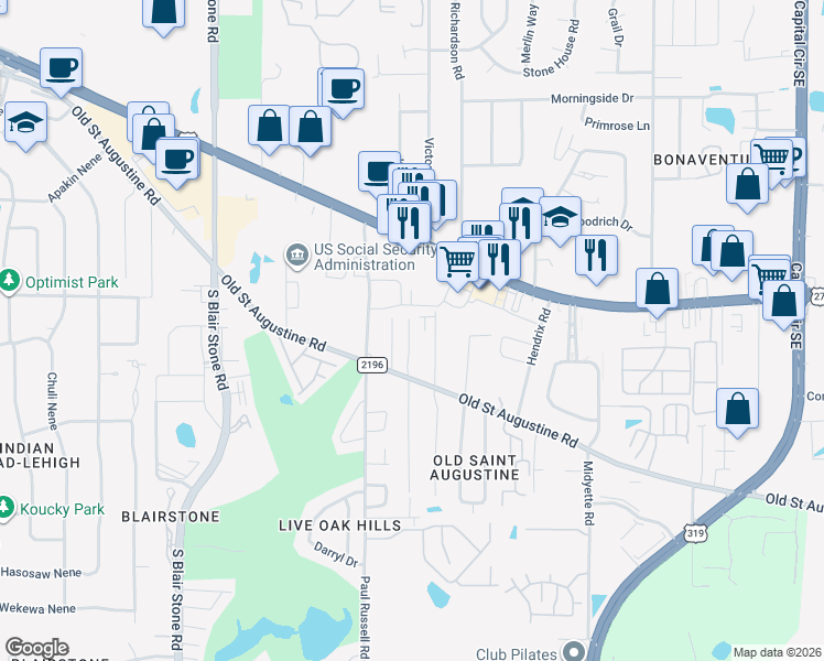 map of restaurants, bars, coffee shops, grocery stores, and more near 1437 Live Oak Drive in Tallahassee