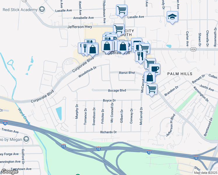 map of restaurants, bars, coffee shops, grocery stores, and more near 7365 Bocage Boulevard in Baton Rouge