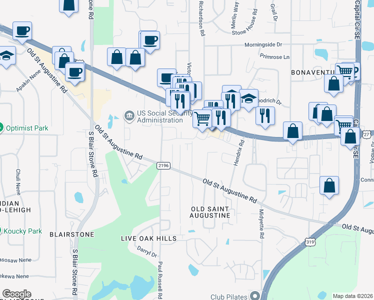 map of restaurants, bars, coffee shops, grocery stores, and more near 1434 Fisher Ln in Tallahassee