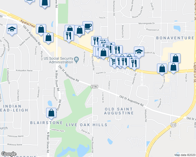 map of restaurants, bars, coffee shops, grocery stores, and more near 1336 Castelnau Court in Tallahassee