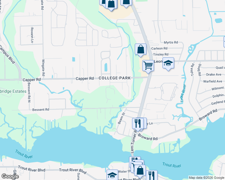 map of restaurants, bars, coffee shops, grocery stores, and more near 10548 Madrone Cove Court in Jacksonville