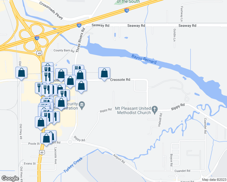 map of restaurants, bars, coffee shops, grocery stores, and more near 9499 Jeff Road in Gulfport