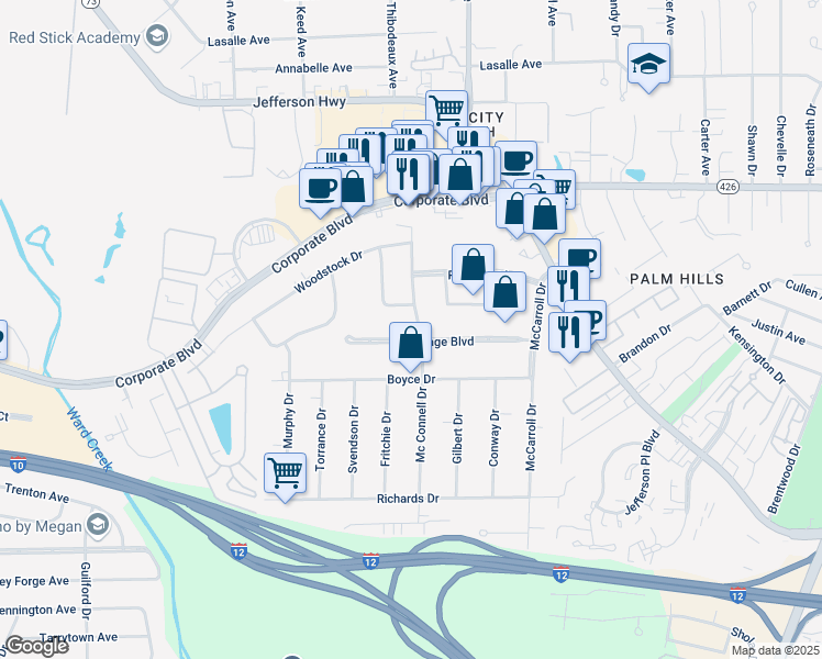 map of restaurants, bars, coffee shops, grocery stores, and more near 7365 Bocage Boulevard in Baton Rouge