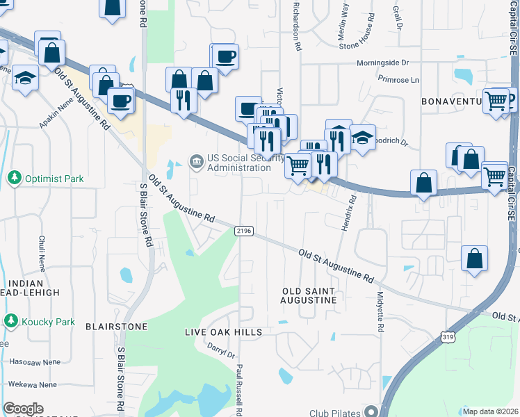 map of restaurants, bars, coffee shops, grocery stores, and more near 1315 Paul Russell Road in Tallahassee