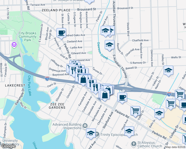 map of restaurants, bars, coffee shops, grocery stores, and more near 3108 South Eugene Street in Baton Rouge
