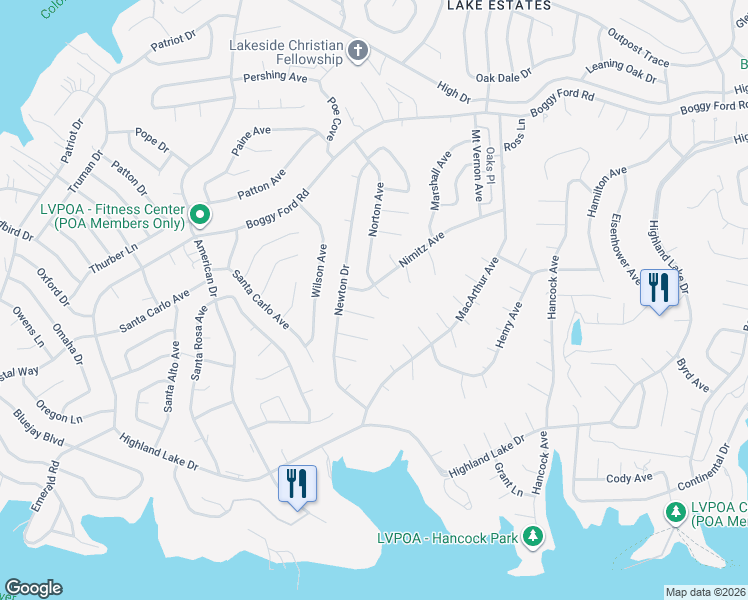 map of restaurants, bars, coffee shops, grocery stores, and more near 21001 Newhaven Cove in Lago Vista