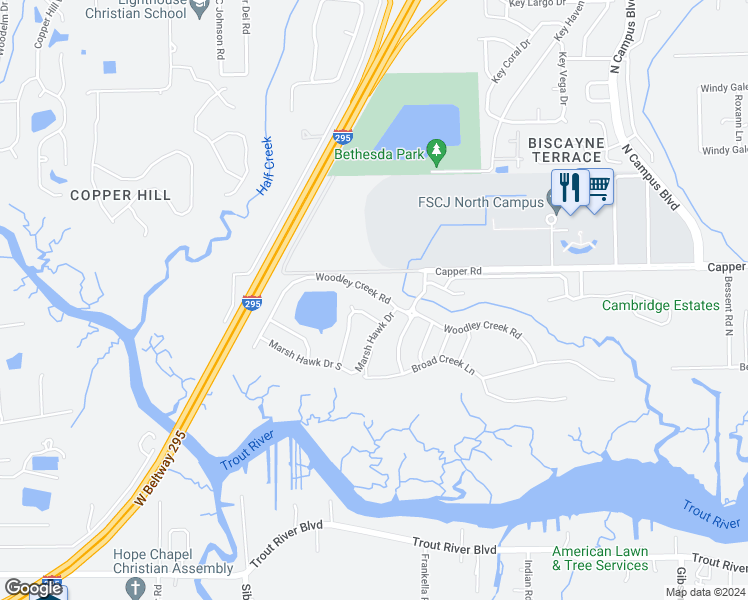 map of restaurants, bars, coffee shops, grocery stores, and more near 4358 Woodley Creek Road in Jacksonville