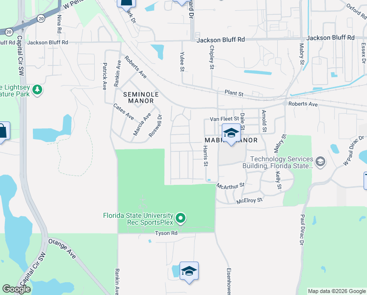 map of restaurants, bars, coffee shops, grocery stores, and more near 3535 Roberts Avenue in Tallahassee