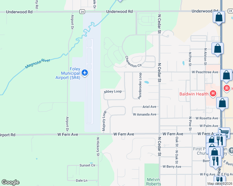 map of restaurants, bars, coffee shops, grocery stores, and more near 1603 Abbey Loop in Foley