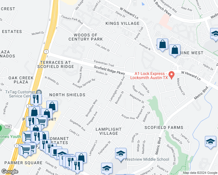 map of restaurants, bars, coffee shops, grocery stores, and more near 2125 Elysian Fields in Austin