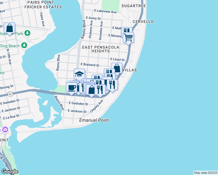 map of restaurants, bars, coffee shops, grocery stores, and more near 701 Scenic Hwy in Pensacola