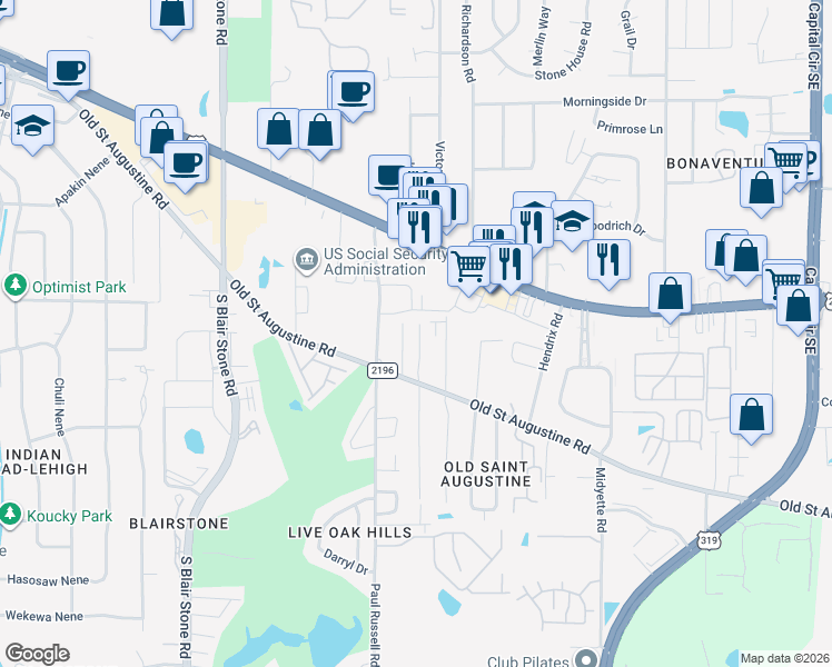 map of restaurants, bars, coffee shops, grocery stores, and more near 1434 Fisher Lane in Tallahassee