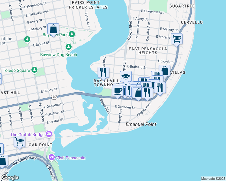map of restaurants, bars, coffee shops, grocery stores, and more near 2805 East Strong Street in Pensacola