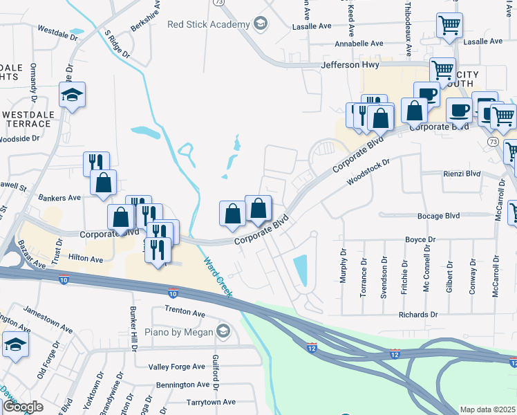map of restaurants, bars, coffee shops, grocery stores, and more near in Baton Rouge