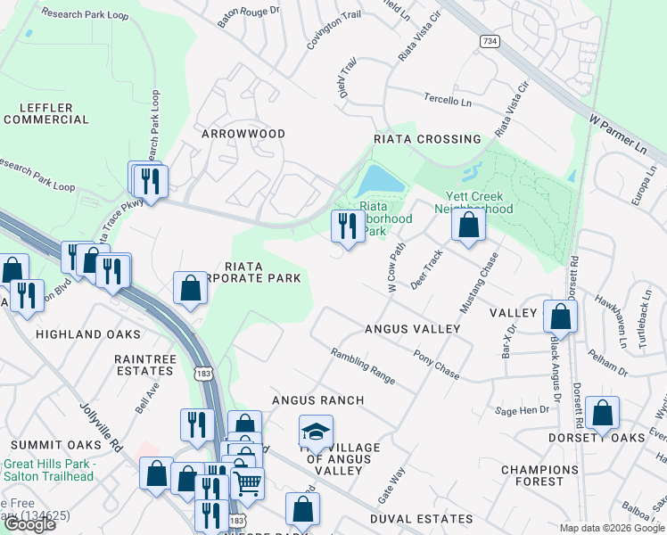 map of restaurants, bars, coffee shops, grocery stores, and more near 12357 Riata Trace Pkwy in Austin
