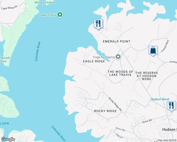 map of restaurants, bars, coffee shops, grocery stores, and more near 17309 West Beach Road in Austin