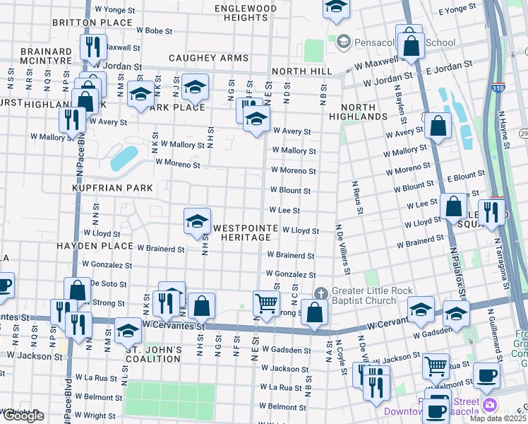 map of restaurants, bars, coffee shops, grocery stores, and more near 825 West Lee Street in Pensacola