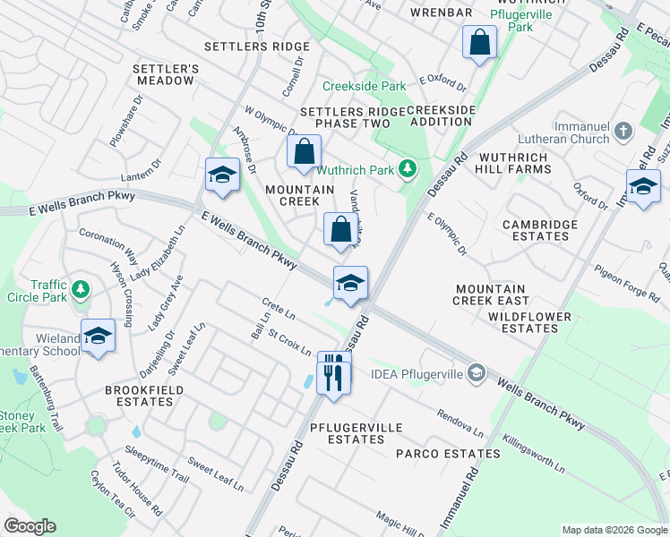 map of restaurants, bars, coffee shops, grocery stores, and more near 101 Ambrose Drive in Pflugerville