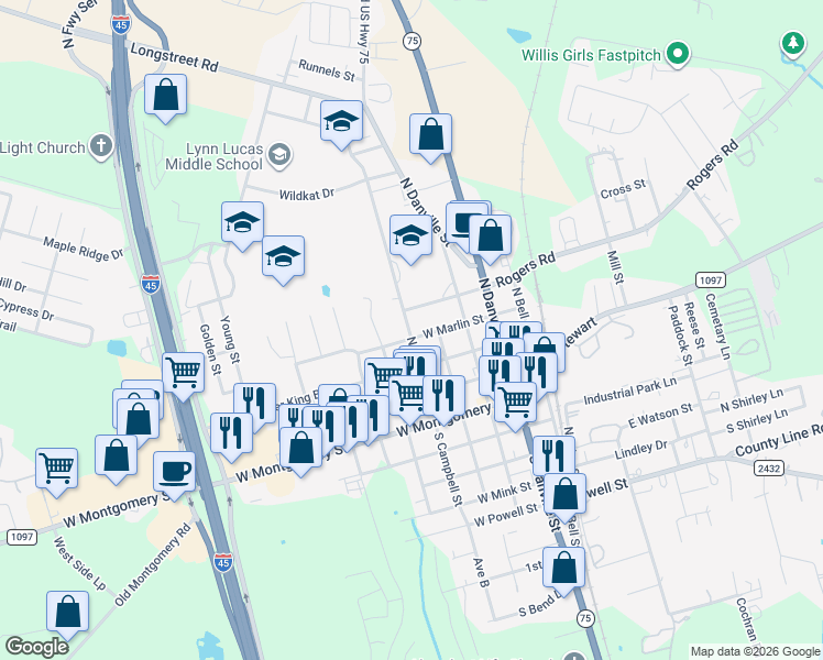 map of restaurants, bars, coffee shops, grocery stores, and more near 401 West Marlin Street in Willis