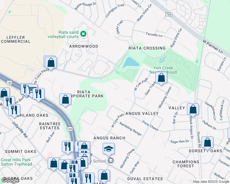 map of restaurants, bars, coffee shops, grocery stores, and more near 12357 Riata Trace Parkway in Austin