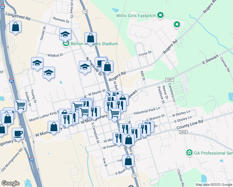 map of restaurants, bars, coffee shops, grocery stores, and more near 300 North Bell Street in Willis
