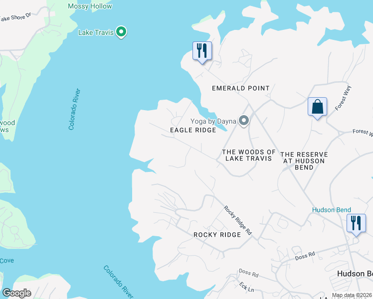 map of restaurants, bars, coffee shops, grocery stores, and more near 17309 West Beach Road in Austin