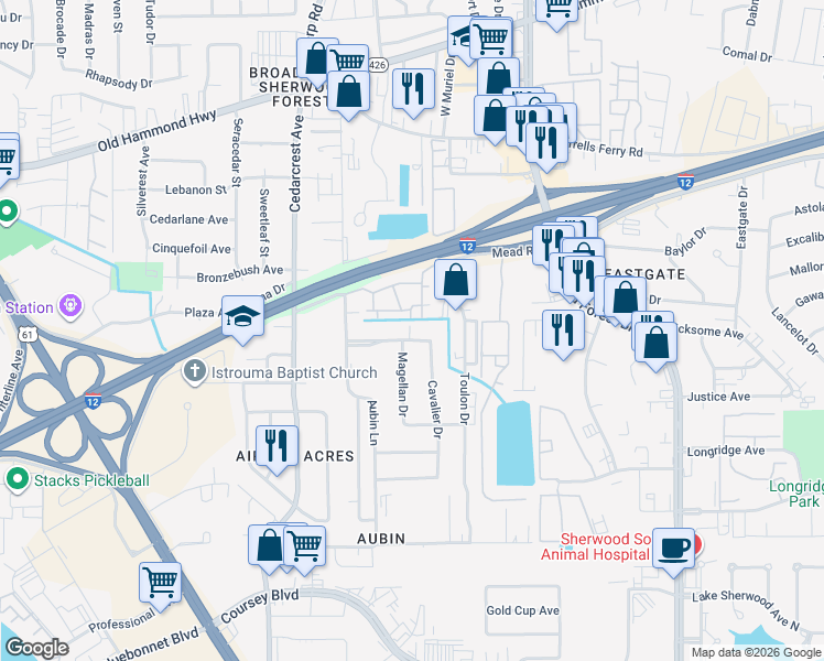 map of restaurants, bars, coffee shops, grocery stores, and more near 2701 Magellan Drive in Baton Rouge