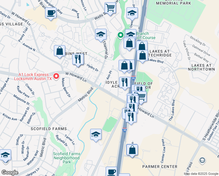 map of restaurants, bars, coffee shops, grocery stores, and more near 1422 West Howard Lane in Austin
