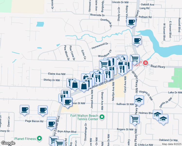map of restaurants, bars, coffee shops, grocery stores, and more near 214 Jonquil Avenue Northwest in Fort Walton Beach