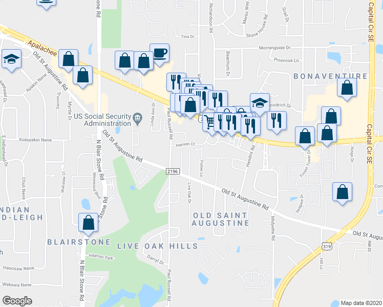map of restaurants, bars, coffee shops, grocery stores, and more near 1427 Live Oak Drive in Tallahassee