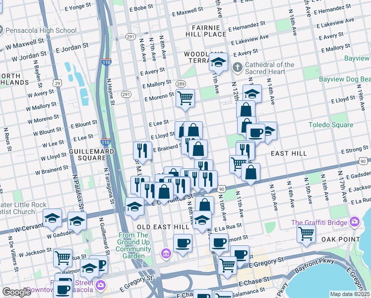 map of restaurants, bars, coffee shops, grocery stores, and more near 800-898 East Gonzalez Street in Pensacola