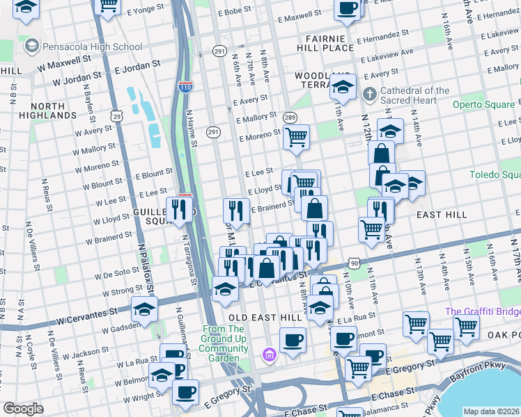 map of restaurants, bars, coffee shops, grocery stores, and more near 600 East Brainerd Street in Pensacola