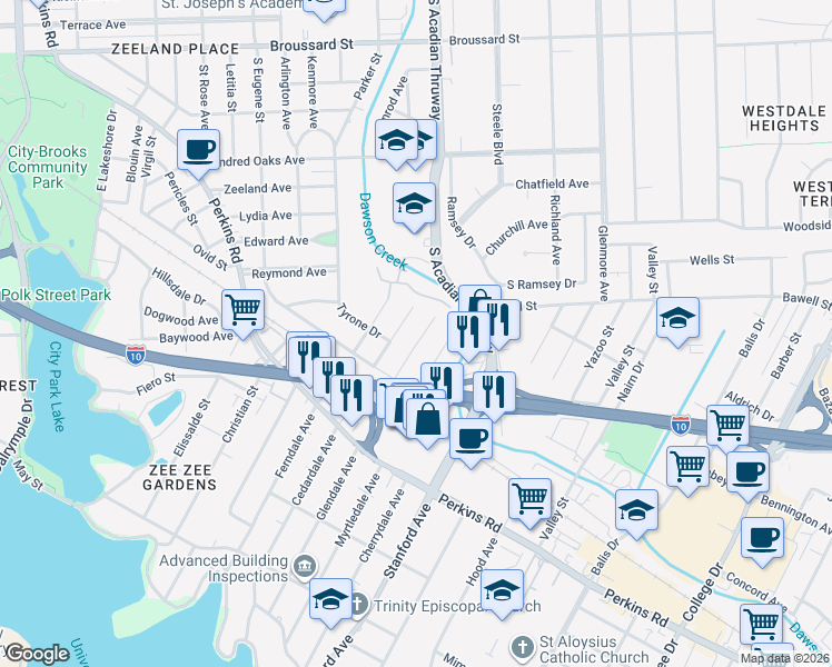 map of restaurants, bars, coffee shops, grocery stores, and more near 2479 Rhododendron Avenue in Baton Rouge
