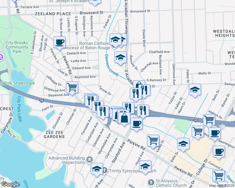 map of restaurants, bars, coffee shops, grocery stores, and more near 2479 Rhododendron Avenue in Baton Rouge