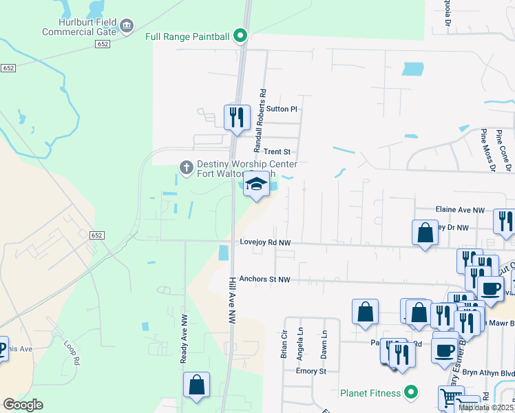 map of restaurants, bars, coffee shops, grocery stores, and more near 720 Lovejoy Road Northwest in Fort Walton Beach