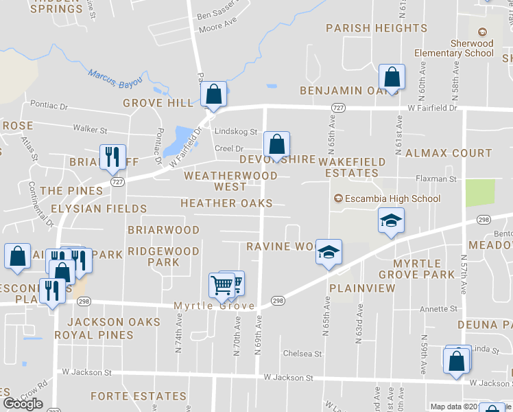 map of restaurants, bars, coffee shops, grocery stores, and more near 6911 Heather Oaks Drive in Pensacola