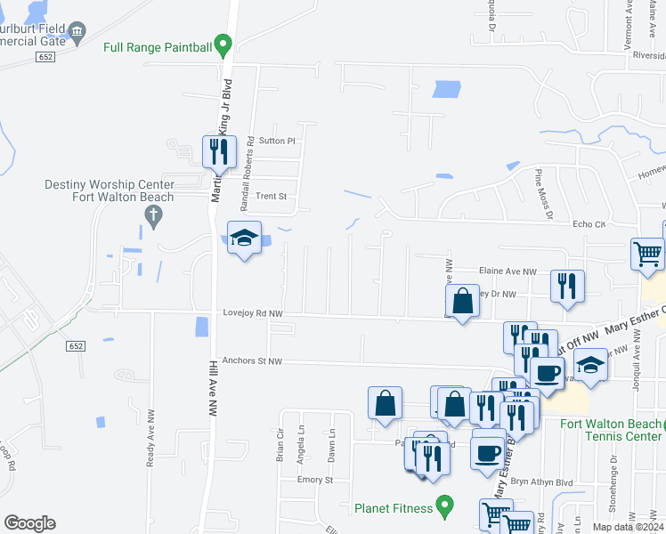 map of restaurants, bars, coffee shops, grocery stores, and more near 227 Bay Street Northwest in Fort Walton Beach