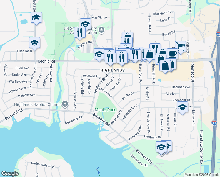 map of restaurants, bars, coffee shops, grocery stores, and more near 10409 Wooster Drive in Jacksonville
