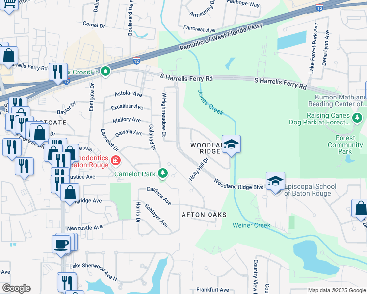 map of restaurants, bars, coffee shops, grocery stores, and more near 2775 Woodland Ridge Boulevard in Baton Rouge