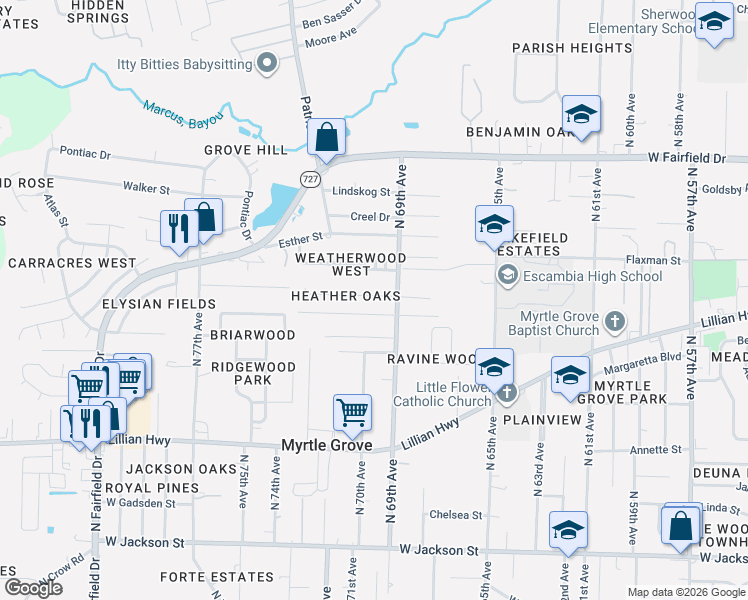 map of restaurants, bars, coffee shops, grocery stores, and more near 6961 Heather Oaks Drive in Pensacola