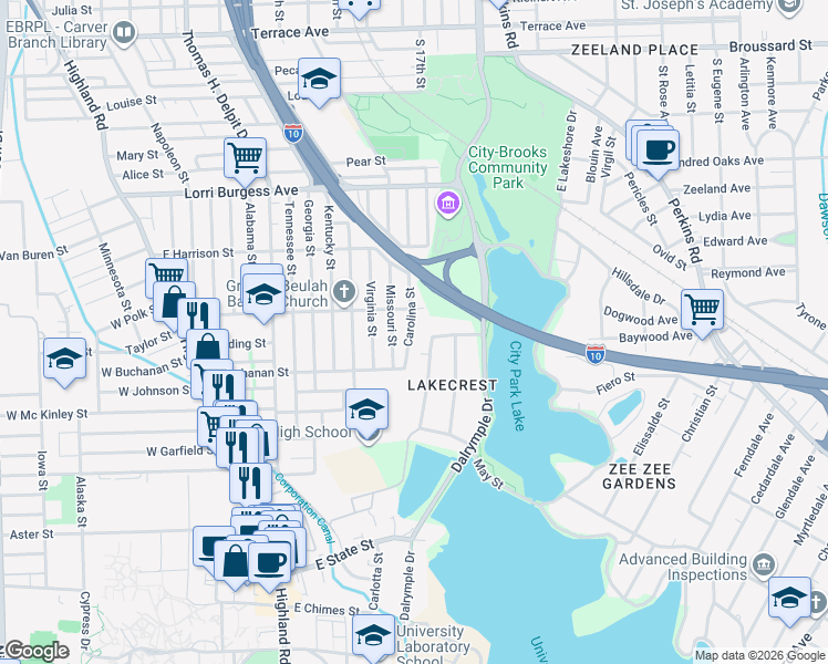map of restaurants, bars, coffee shops, grocery stores, and more near 2329 Carolina Street in Baton Rouge