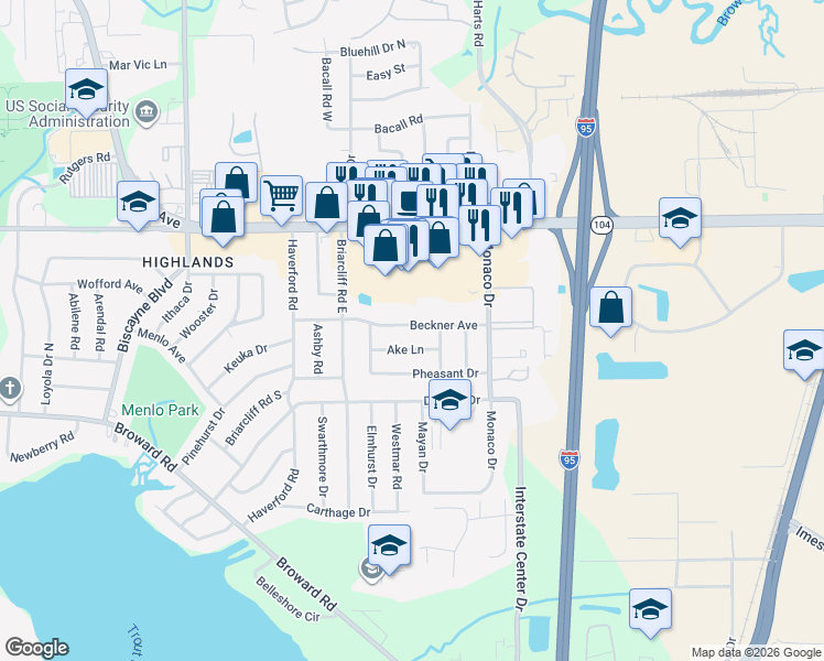 map of restaurants, bars, coffee shops, grocery stores, and more near 1033 Ake Lane in Jacksonville