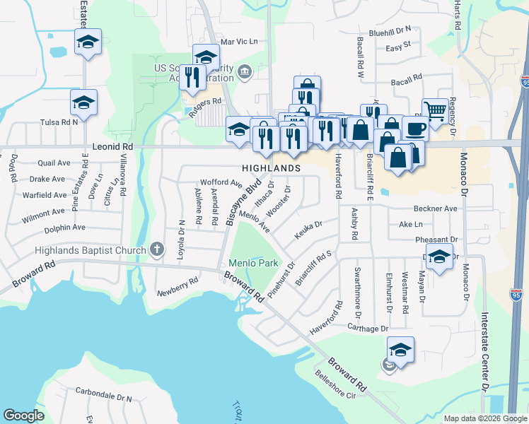 map of restaurants, bars, coffee shops, grocery stores, and more near 10409 Wooster Drive in Jacksonville