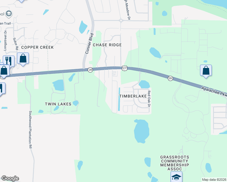 map of restaurants, bars, coffee shops, grocery stores, and more near 1611 Quazar Road in Tallahassee