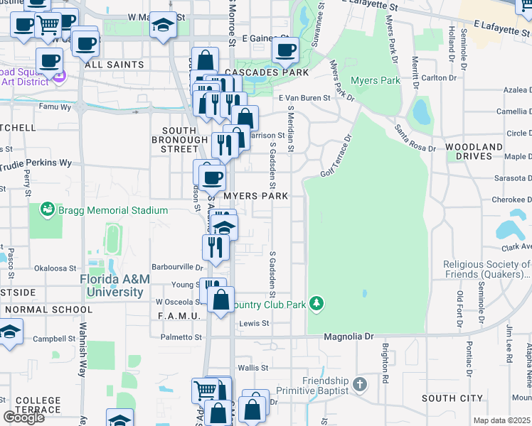 map of restaurants, bars, coffee shops, grocery stores, and more near 1709 South Calhoun Street in Tallahassee