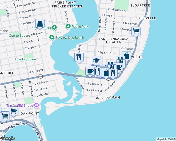 map of restaurants, bars, coffee shops, grocery stores, and more near 2805 East Strong Street in Pensacola
